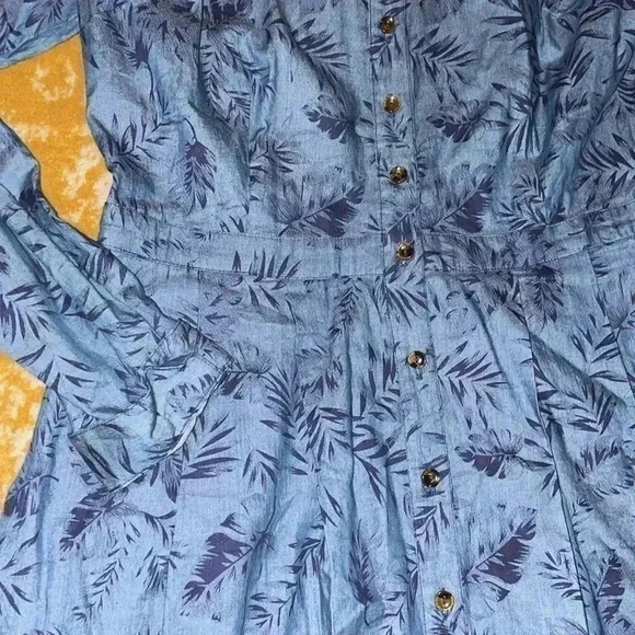 ModCloth 100% cotton palm print chambray button down midi dress NWOT L - Picture 3 of 5